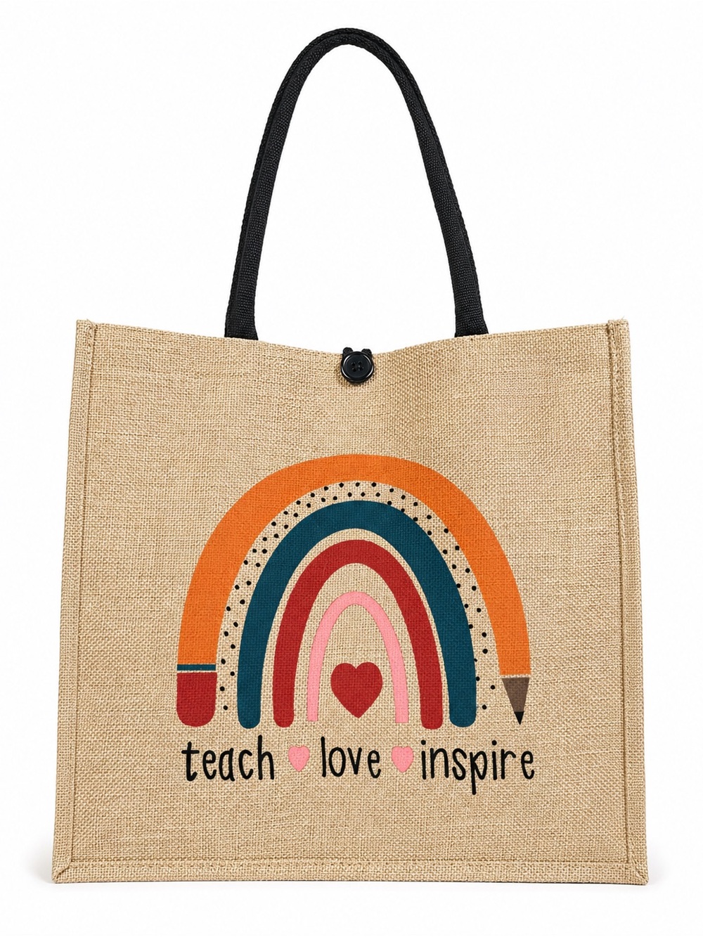 Like New Teacher Jute Tote Bag Teach Love Inspire Rainbow Pencil